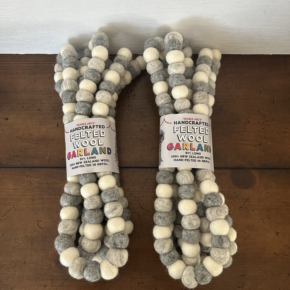 Trader Joes Handcrafted Felted Wool Garland Set of 2 Gray White Winter Holiday